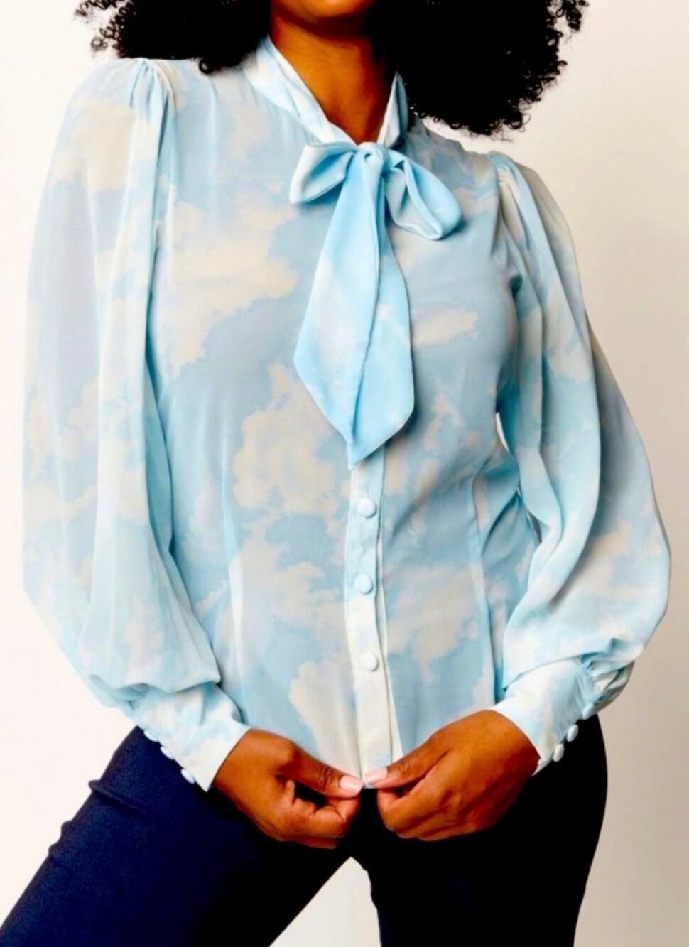 Unique Vintage Blue White Cloudy Skies Neck Tie Gwen Blouse XS NWOT
